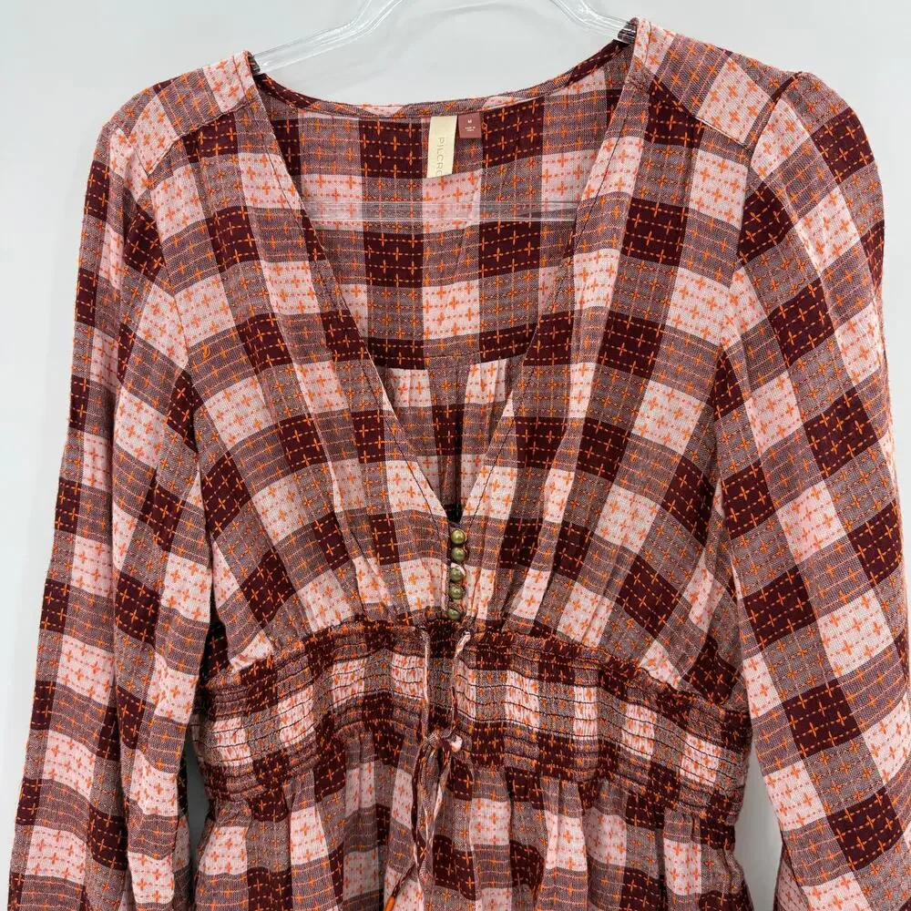 PILCRO by ANTHRO Smocked Swing Blouse Size M V-Neck Wool Blend Boho Festival - Picture 4 of 10